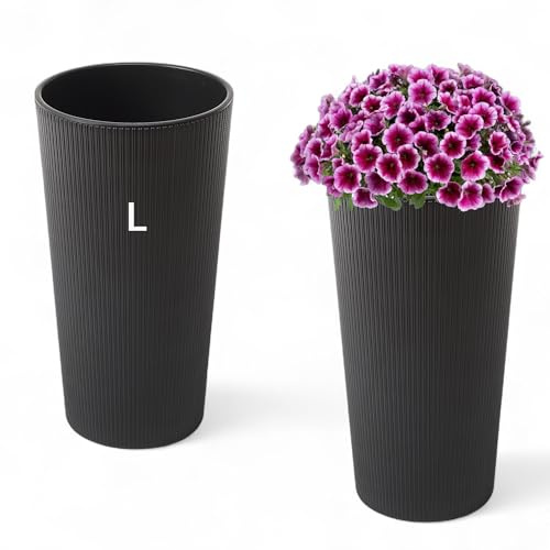 MELTOM Blumenkübel Rund Hochglanz Slim Blumentopf mit Herausnehmbaren Einsatz (Schwarz, L - 46 cm)