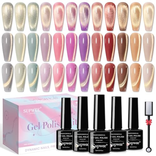 SUPWEE Cat Eye UV Gel Nagellack, 12 Farben Magnetisch Gel Nagellack mit Magnet Soak-Off UV Nagel Set Glitzer 9D Cat Eye für Nagelkunst Maniküre 7ML