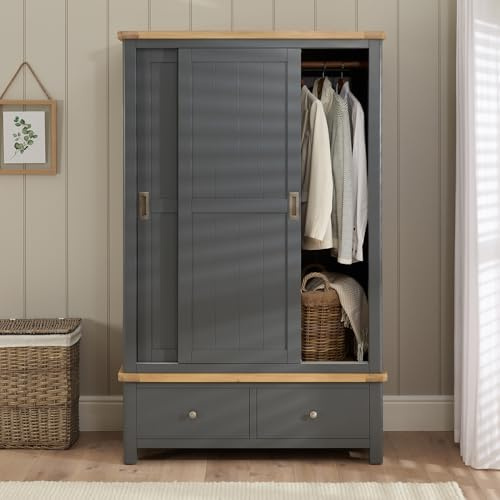 The Furniture Market Marbury Slate Grey | Painted Double Wardrobe | Sliding Door Wooden Wardrobe | Full-Length Hanging Rail & Storage Drawers | Classic Country Style | H 1910mm x W 1190mm x D 570mm