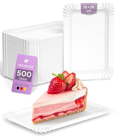 Inoverse Pappteller Eckig 500 Stück, 13 x 20 cm, Kuchenteller Einweg | Weiß Umweltfreundlich, Einwegteller, Einweggeschirr, für Kuchen, Waffeln und Snacks, für Feiern, Vereine, Buffet
