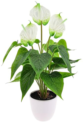 Folmywy Artificial Flower Plants 38cm Faux Simulation Anthurium White in Plastic Pot Real Touch Fake Flowers Bonsai Decor Garden Balcony Entranceway Living Room Indoor