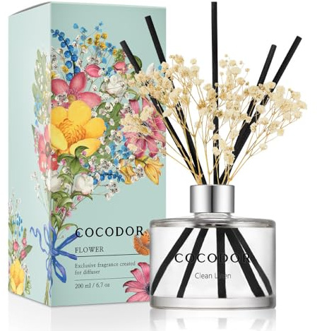 COCODOR Flower Reed Diffuser set / 6.7oz / Clean Linen/Scent Diffuser with Sticks Home Fragrance Reed Diffuser for Bathroom Shelf Decor