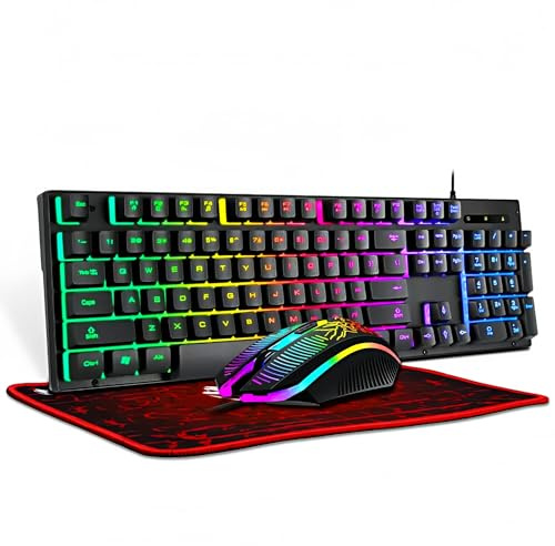 Gaming Keyboard and Mouse Set and Mouse pad, 3 in 1 Bundle Wired LED Rainbow Backlight for Laptop, PC Gamers, Xbox, PS4 and Work- Black