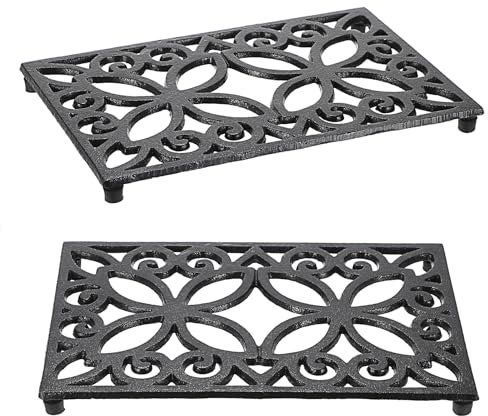 OLegei 2pcs Dessous de Plat rectangulaire en Fonte Vintage avec Pattes en Caoutchouc protéger Les Plats Chauds Support pour Casserole pour la Cuisine et la Table à Manger (Noir，Style 4)