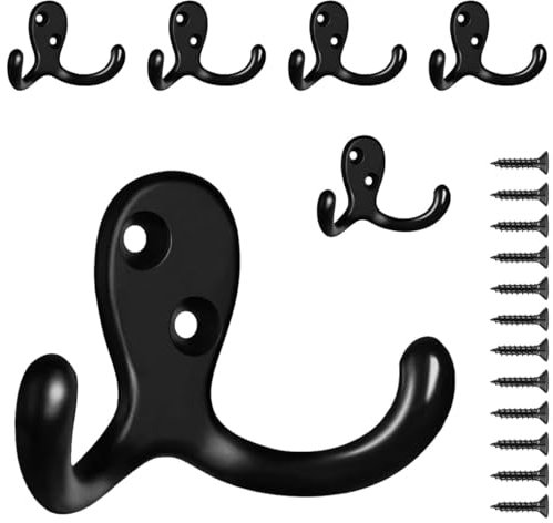 6 Pack Coat Hooks Wall Hooks for Hanging, Heavy Duty Double Prong Metal Hook Wall Mounted for Living Room, Bathroom, Kitchen, Bedroom for Coat, Bag, Scarf, Towel, Hat, Key, Cup (Black)