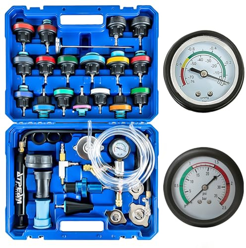 ATPEAM Kit Testeur de Liquide de Refroidissement 34 Pièces, Testeur de Pression Radiateur Universel avec Pompe Manuelle et Adaptateurs pour Voitures, Motos et Camions