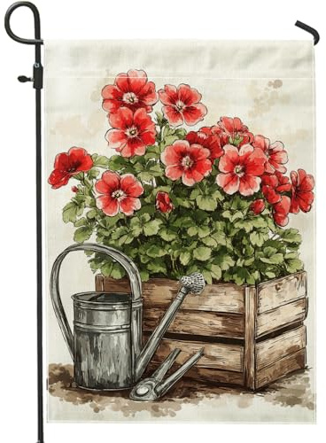 Bandiera da giardino in geranio rosso primavera estate piante floreali in vaso decorazione per la casa all'aperto bandiera decorativa doppia faccia per la decorazione del prato 12 x 18 pollici