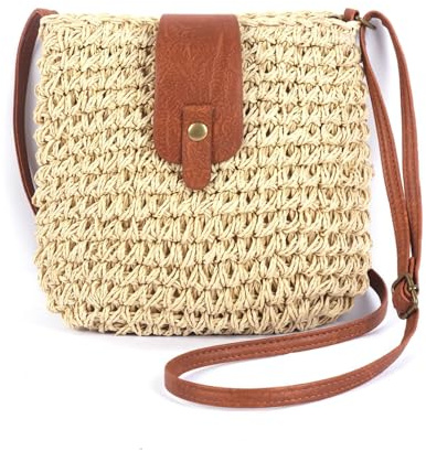 Iridsmole Straw Bag for Women, Summer Beach Straw Bag with Adjustable Strap, Women's Beach Crossbody Bags with Zipper, Bohemian Weave Handmade Handbags for Beach Travel
