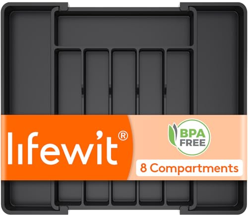 Lifewit Extendable Cutlery Drawer Organiser, Adjustable Cutlery Tray, Plastic Adjustable Kitchen Storage Dividers for Utensil Spoons Forks Knives, 8 Compartments, 28-45 x 35cm, Black