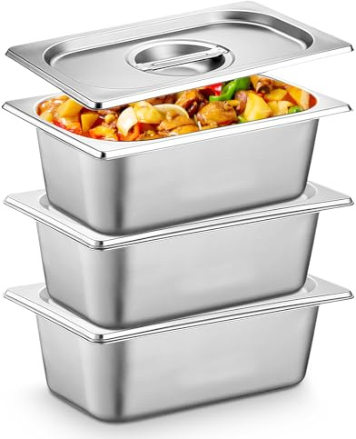 PORFOYO Breading Bowls Set of 3 Rectangular Gastronorm Containers Stainless Steel with Lid, Gn Container with Lid 32.5 x 17.5 x 6.5 cm for Chops, Cutlets, Meat, Fish