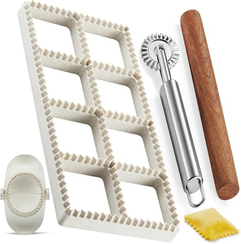 Ravioli Cutter Set - 1x8 Squares Ravioli Maker Mould, 1xRolling Pin and 1x Pasta Wheel, 1xSmall Dumpling Maker, 4 Pcs Multi Pasty Maker Mould Tools Kit