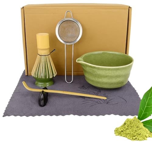 GEMZPIRE Japanese Matcha Tea Set 7 Pcs with Matcha Whisk, Ceramic Bowl, Bamboo Scoop, Matcha Sieve, Chasen Stand & Mat – Complete Matcha Whisk Set for Ceremonial Tea, Latte, Home Brewing & Gifts
