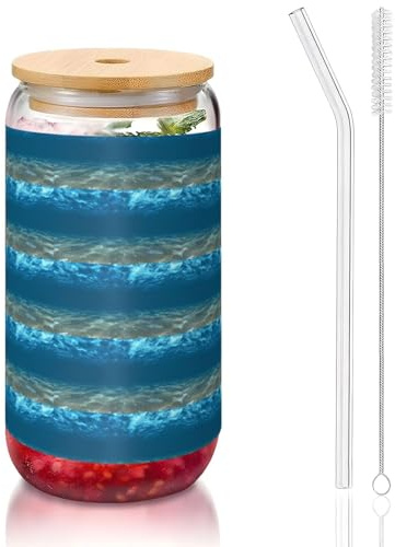 YBGHDAA Blue Ocean - Vaso de vidrio ondulado con diseño de paisaje marino con tapas y pajita, 16 onzas, ideal para whisky, cerveza, té