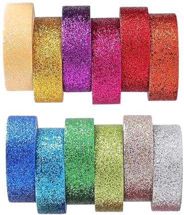 12 Rotoli Nastro Adesivo Glitterato, 15MM Washi Tape Set Porporina Masking Nastri Adesivi Colorati Nastro Adesivo Carta Colorato con Glitter Washi Tape Set Per Fai da Te Artigianato Confezioni Regalo