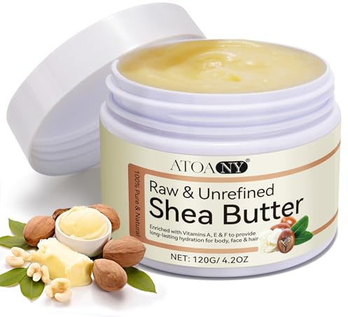 Organic Shea Butter, Raw & Unrefined Shea Butters with vitamins A, E & F, Nourishes Soothes & Softens Dry Skin, Natural Long-lasting Hydration Pure Shea Butter for Body, Face & Hair Care