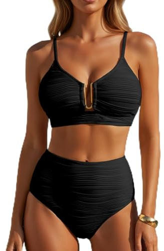 2 Piece High Waist Bikini Set, U-Wire Cutout Black Swimsuit for Women, Push up Tummy Control Bikinis Ladies Sexy Swimming Costume Sets