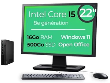 Mini PC Intel Core i5-8400T 16Go RAM 500Go SSD Windows 11 Pro WiFi avec Écran 19 Pouces OpenOffice (Reconditionné) (I5-8400T, 19)