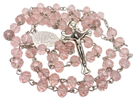 Nazareth Store Rosenkranz aus rosa Perlen, handgefertigte Gebetsperlen-Halskette mit Wundertätiger Medaille und silbernem Kreuz
