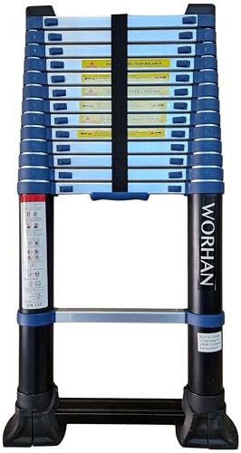 WORHAN 4.1m Escalera Telescopica Pro 410cm ESTABILIZADOR RETRÁCTIL Función Espaciadora de Pared Incorporada Multiuso Multifuncional Aluminio Anodizado Normativa EN131 1K4.1