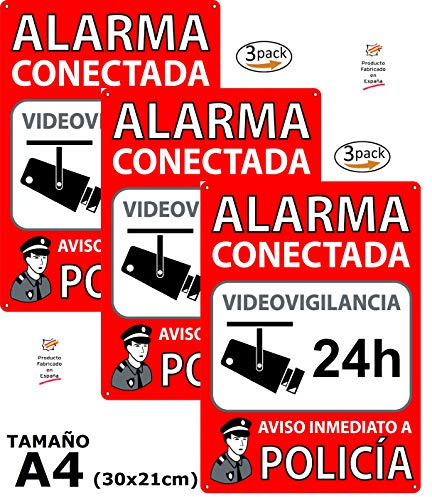 Pack 3 Carteles Videovigilancia tamaño A4 con Adhesivo y Agujeros para Fijación | Zona Videovigilada | Placas Disuasorias en PVC Flexible | Aviso de Alarma Conectada con Videovigilancia |
