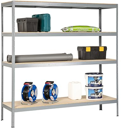 SCHULTE Regalwelt Schwerlastregal mit 4 Holzböden, Traglast pro Ebene 200 kg, 200x200x60 cm (HxBxT), Granit-Struktur, Lagerregal, Kellerregal, Werkstattregal, Steckregal