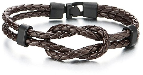COOLSTEELANDBEYOND Unendlichkeits Knoten Zweireihige Braune Geflochtene Lederarmband für Herren Damen mit Schwarz Charme Bettelarmband