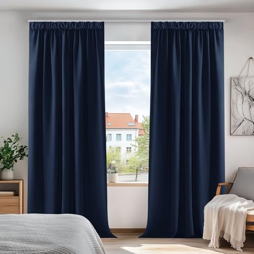 Deconovo Lot de 2 Rideaux Bleu Marine Occultant Thermique Anti Froid Chambre Gar?on Adult Rideau Opaque 107x213cm Galon Fronceur Cuisine Salon Design Moderne Décoration