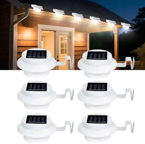 NEWNEN Solar Gutter Lights Outdoor, 6 Pack Solar Powered 3 LED Fence Gutter Lamp Lights,IP65 Waterproof Security Outdoor Garden Wall Lights for Fence Lobby Pathway (White)