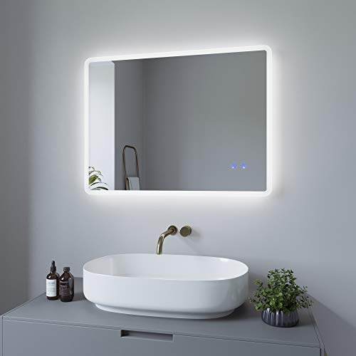 AQUABATOS 80x60 cm Badspiegel mit Beleuchtung Badezimmerspiegel Lichtspiegel LED Wandspiegel Energiesparend. Touch-Schalter Dimmbar + Kaltweiß 6400K + Warmweiß 3000K + Spiegelheizung + IP44 + CE