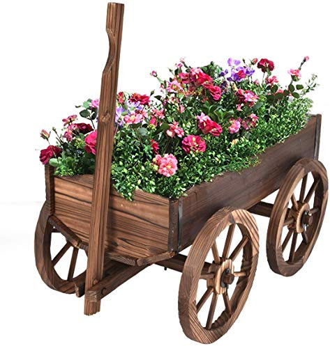 COSTWAY Carretilla de Madera de Flores con Ruedas, Soporte de Planta y Maceta Decorativa para Jardín y Patio, Marrón (120 x 43 x 53,5 cm)