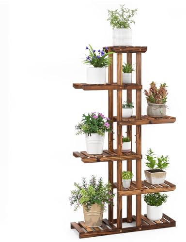 RELAX4LIFE Blumenständer Holz, Pflanzenständer 6 Ebenen, freisthendes Pflanzenregal für Wohnzimmer & Balkon & Garten, Blumenregal mit karbonisierter Textur, bis zu 60 kg belastbar (75 x 25 x 140 cm)