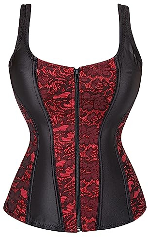 WLFFW Corsetto Donna con Spalline Corpetto Floreale Cerniera (EU(38-40) XL, Rosso)