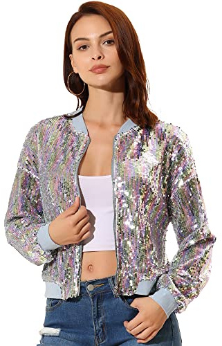 Allegra K Damen Glitzer Jacke Bomberjacke Pailletten Bomber Jacke Langarm Party Club Metallic Sequin Jacken Weißer Regenbogen M