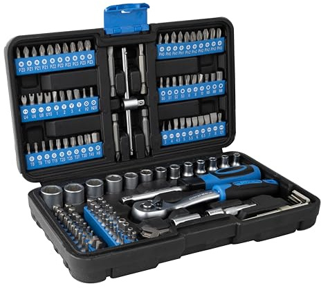Güde 39001 Steckschlüssel und Bitsatz GSB 130 (130-teiliges Werkzeugset aus Chrom-Vanadium-Stahl in praktischer Aufbewahrungsbox), Blau/Schwarz