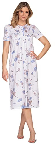 e.Femme® Chemise de nuit pour femme Kate 2348 à manches courtes, 100 % coton, blanc/bleu, 40