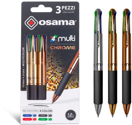 Osama - Stylo Bille 0.1 mm avec Trait Fluide 4 Couleur Metal, 3 Pièces avec Encre Bleue, Rouge, Verte et Noire pour Papeterie, Accessoire Bureau et Fourniture Scolaire