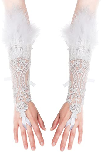 FAD-4U Damen Feder Manschetten,Fingerlose Federärmel,Vintage Feder Spitze Handschuhe,Steampunk Armstulpen für Halloween, karneval, Gotische Kleiderparty