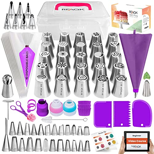 RFAQK Set completo di 150 beccucci russi per decorare biscotti, cupcake, set di beccucci (24 beccucci per glassa, 25 russi, 7 volant, foglie e palline, 41 sac à poche + eBook)