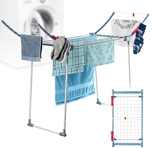 KADAX Wäscheständer mit 18m Trockenlänge, Stabiler Flügelwäschetrockner aus Edelstahl, klappbar, mit rutschfesten Füßen – für Bettwäsche & Kleidung, Made in EU (Weiß/Blau)