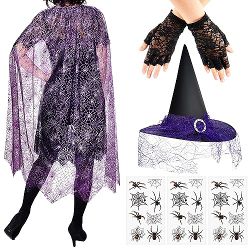 SATINIOR Halloween Damen Hexen Kostüme Spinnen Kostüm für Erwachsene Frauen Netz Umhang und Hut Fingerlose Spitzenhandschuhe Spinnen Tattoos Party Verkleidung Outfits (Modischer Stil)