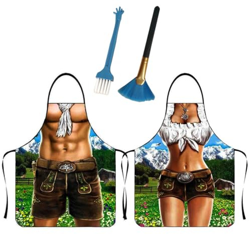 Anzhee 2 Stücke Männer Damen lustiges Schürze kreative Kochschürze Küchenschürze Grillschürze Lustige Motiv Sexy Schürze für Herren Damen Freund Party Lustige Schürze Geschenk