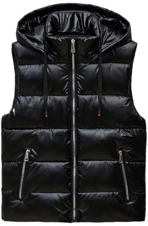 GIBZ Chaleco Acolchado Brillante para Hombre, Chaqueta con Capucha Sin Mangas, para Deportes de Invierno al Aire Libre, Negro, XL