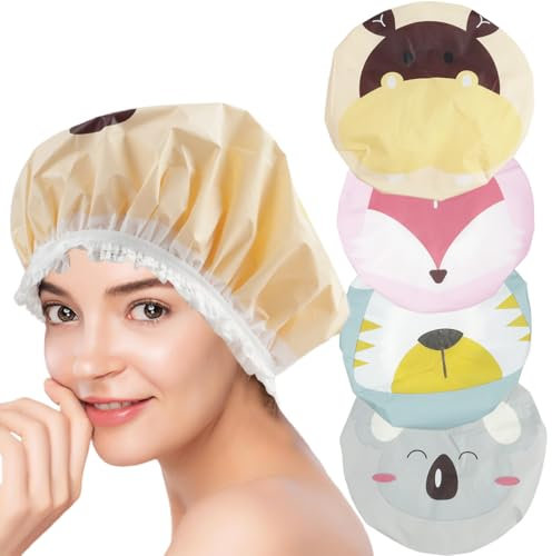 4 Pezzi Cuffia Doccia Donna Bambini,Cuffie per Doccia di Flessibili,Cuffia da Doccia con Motivi Carini,Cuffia Capelli Doccia Riutilizzabili,Cuffie Doccia per spa, doccia, shampoo, copricapo