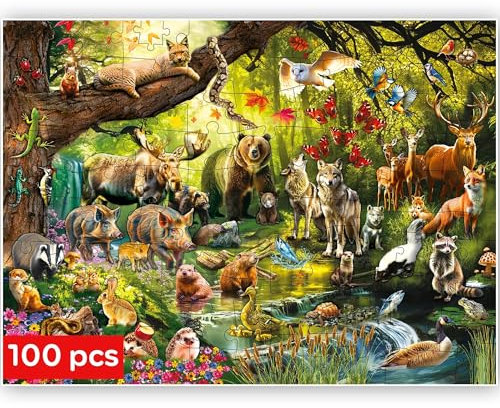 QUOKKA Puzzle 100 Teile Kinder - Solo Puzzle ab 4 5 6 Jahre Für Mädchen und Jungen - Spielzeug zum Lernen von Waldtieren - Spiele Geschenk für Mädchen und Jungen 7 8 9