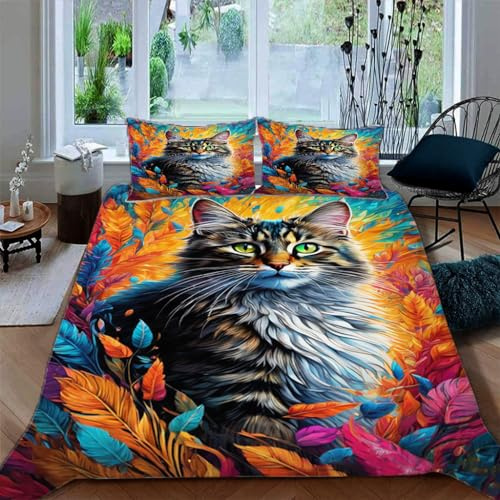 Ruiqieor Bettwäsche 135x200cm,Blätter Tabby Katze Motiv Bettwäsche Set, Flauschig Weich Bettbezüge Set,1 Bettbezug und 2 Kissenbezug 80x80 cm,3D Druck Cat Tier Muster（#2）