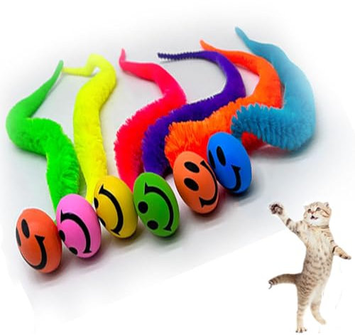 Generisch 6 Stück Wiggly Ball Katze,Hüpfball,Langer Schwanz Wiggly Balls,Interaktives Spielzeug für Katzen, Perfekt für Katzen Jeden Alters (Smiley)