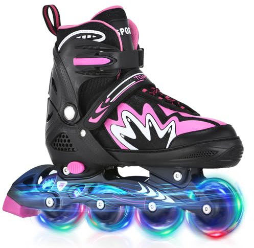 TOMSHOO Rollschuhe, Inliner Roller Skates mit 4 Größen Verstellbar, LED Rädern, Mehrere Größenoptionen, Inlineskates für Kinder Erwachsene Jungen Mädchen, Schwarz & Rosa, M
