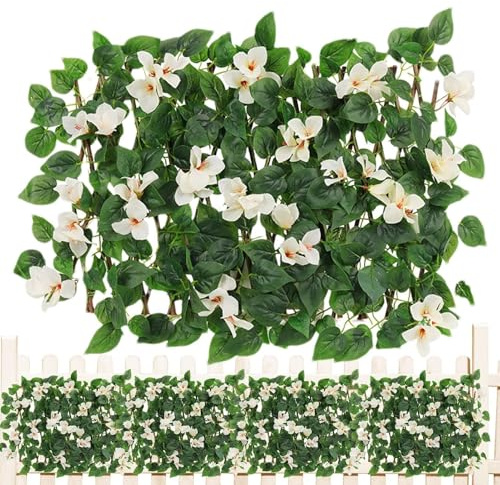 Pannelli espandibili for traliccio da giardino, schermatura for recinzione da giardino con edera artificiale e fiori viola, schermo for la privacy espandibile decorativo in finta edera, sfondo verde f