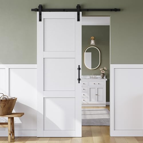 SmartStandard 30in x 84in Sliding Barn Door with 5FT Barn Door Hardware Track Kit & Handle, Waterproof PVC Surface, Pre-Drilled Holes Easy to Assemble, White, Solid, MDF, 3 Panel