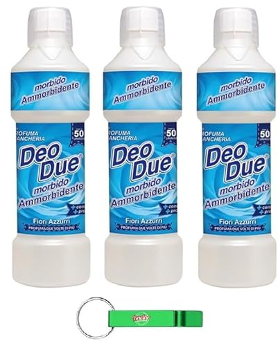 3 X DEO DUE Ammorbidente Concentrato Fiori Azzurri, Ammorbidente Concentrato Fiori Blu, ideali per tutti i vestiti, 50 lavaggi 1 litro + portachiavi Beni Culinari